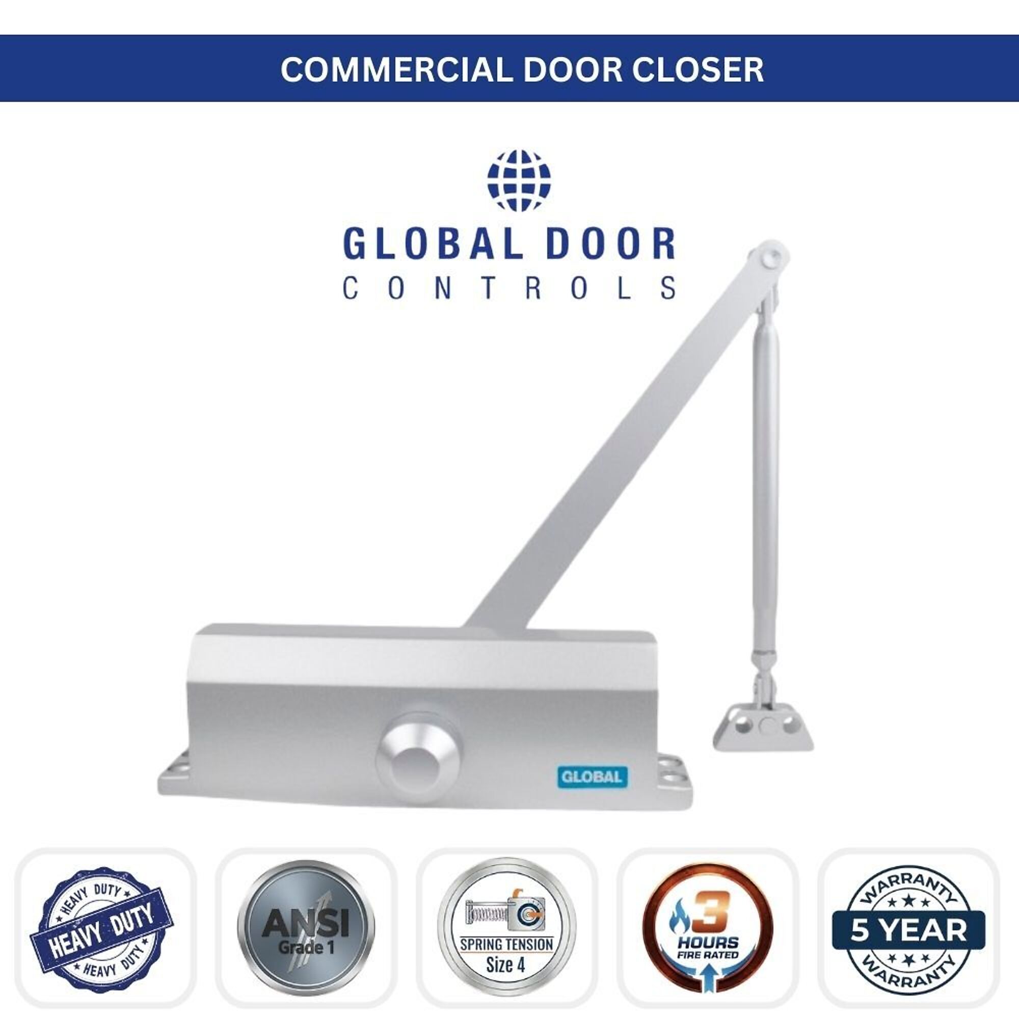 Global Door Controls, Streamline Commercial Grade 1 Door Closer in White - Size 4, #TC2204-WH